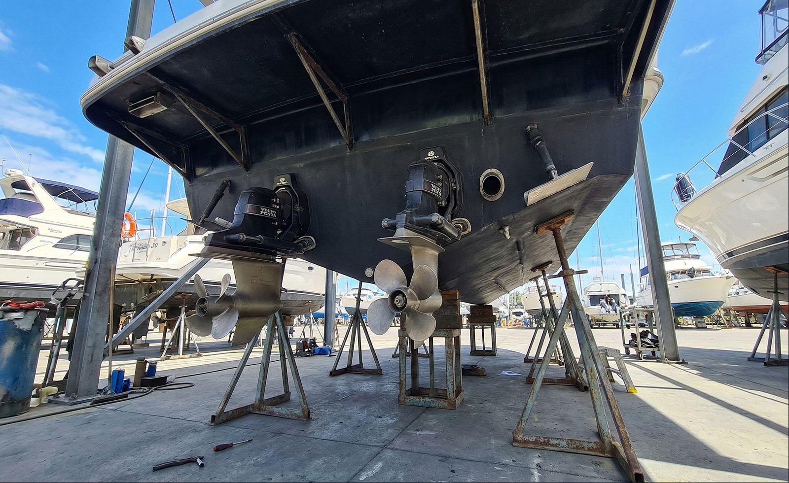 Boat hull after professional machine polish and ceramic coating