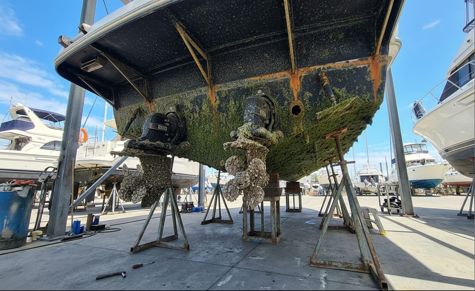 Boat hull before detailing, showing oxidation and marine build-up